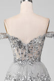 Off the Shoulder Grey Sparkly Tiered Prom Dress with Slit