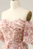 Ivory Red Flower Off The Shoulder Prom Dress