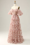 Ivory Red Flower Off The Shoulder Prom Dress