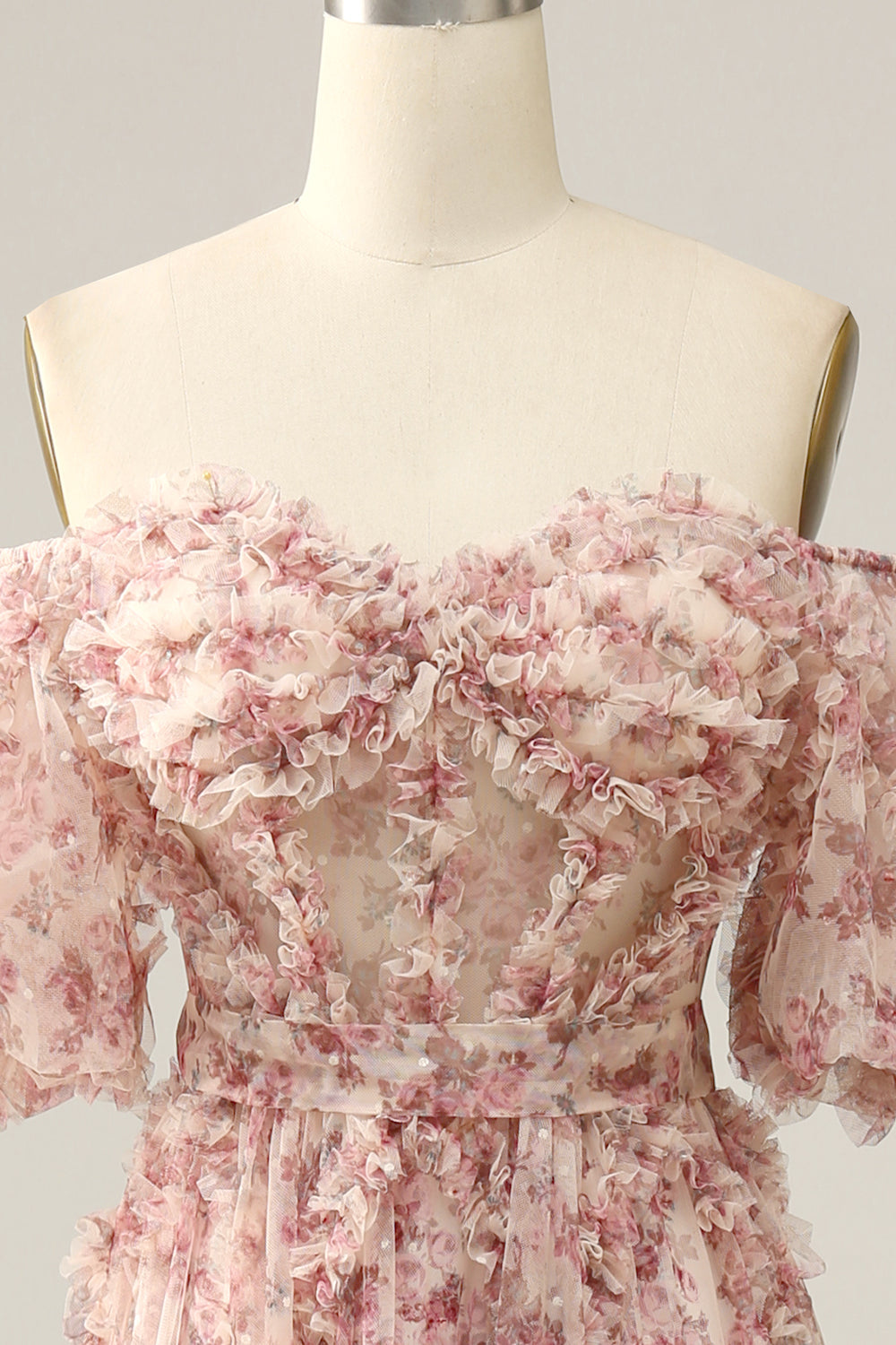 Ivory Red Flower Off The Shoulder Prom Dress