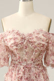 Ivory Red Flower Off The Shoulder Prom Dress