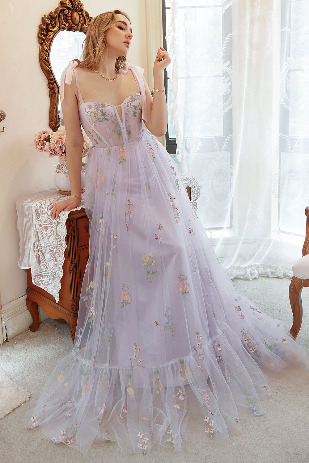 Leely Women Lavender Tulle A Line Corset Plus Size Prom Dress with Embroidered Spaghetti Straps Party Dress leelyuk