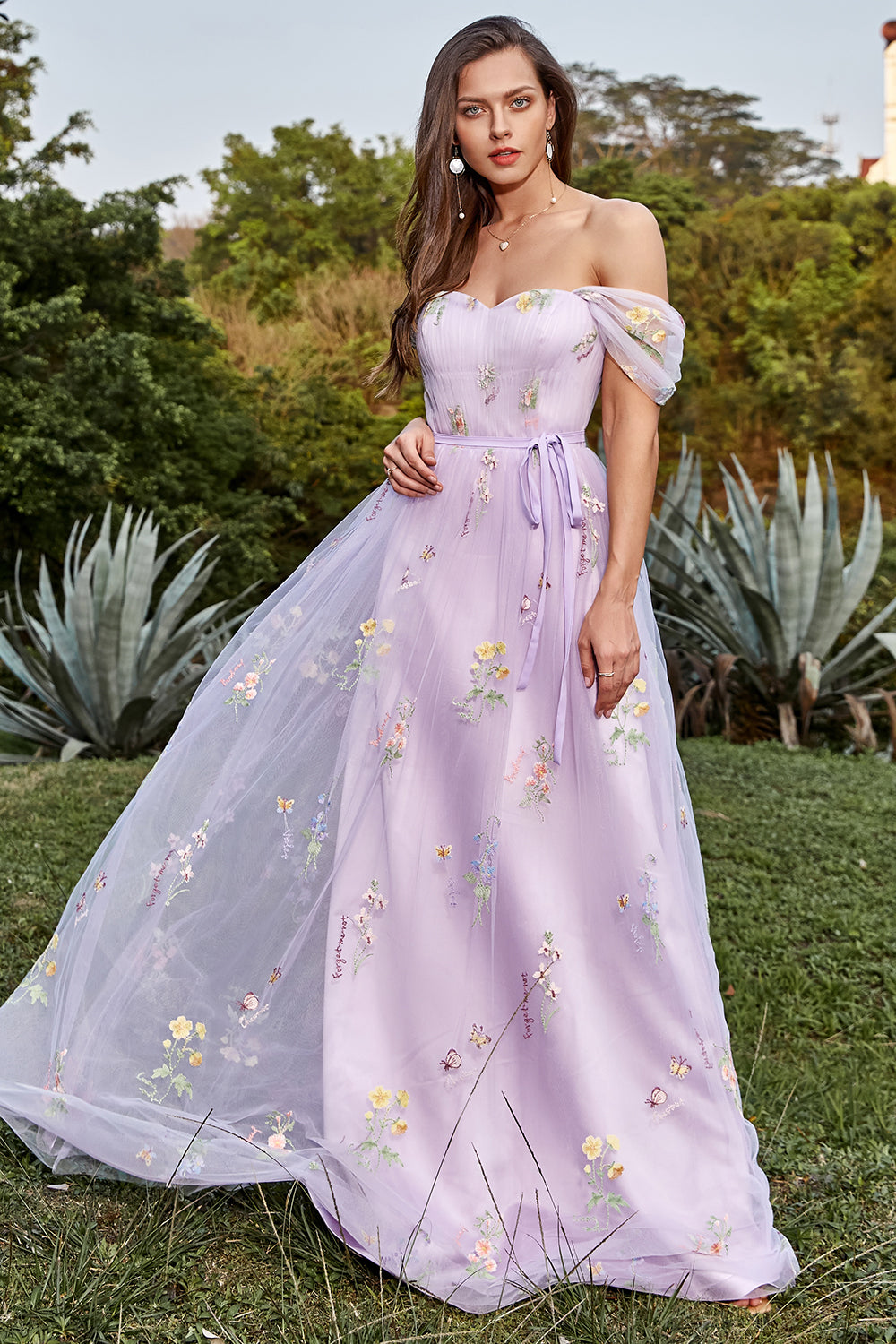 Leely Women Lavender A Line Tulle Off Shoulder Prom Dress Embroidery