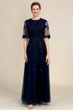 Glitter Navy A Line Beaded Mother of the Bride Dress with Lace