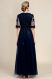 Glitter Navy A Line Beaded Mother of the Bride Dress with Lace