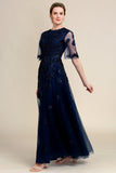 Glitter Navy A Line Beaded Mother of the Bride Dress with Lace