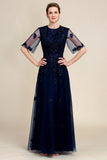 Glitter Navy A Line Beaded Mother of the Bride Dress with Lace