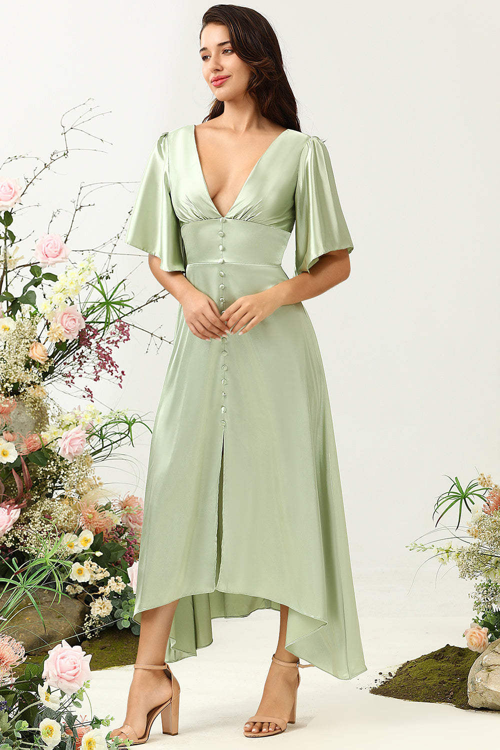 Leely Women Light Green Wedding Guest Dress A Line Deep V Neck Wedding