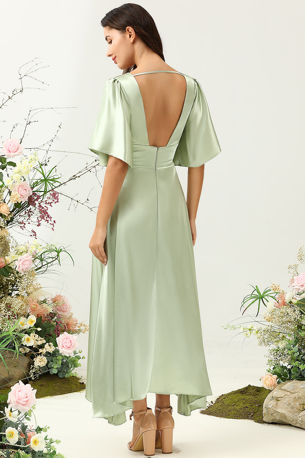 Leely Women Light Green Wedding Guest Dress A Line Deep V Neck Wedding