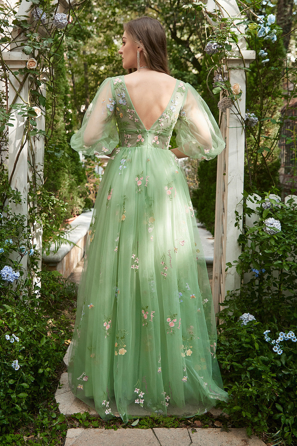 Green Floral Prom Formal Floral Dresses With Sleeves Short Sleeve