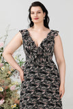 A Line V Neck Black Plus Size Bridesmaid Dress with Ruffles