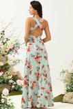 Green Sheath V Neck Spaghetti Straps Satin Floral Bridesmaid Dress