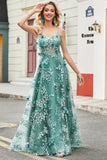 Green Spaghetti Straps A Line Prom Dress with Appliques