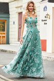 Green Spaghetti Straps A Line Prom Dress with Appliques