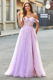 Lilac A Line Off The Shoulder Beaded Long Corset Prom Dress With Slit