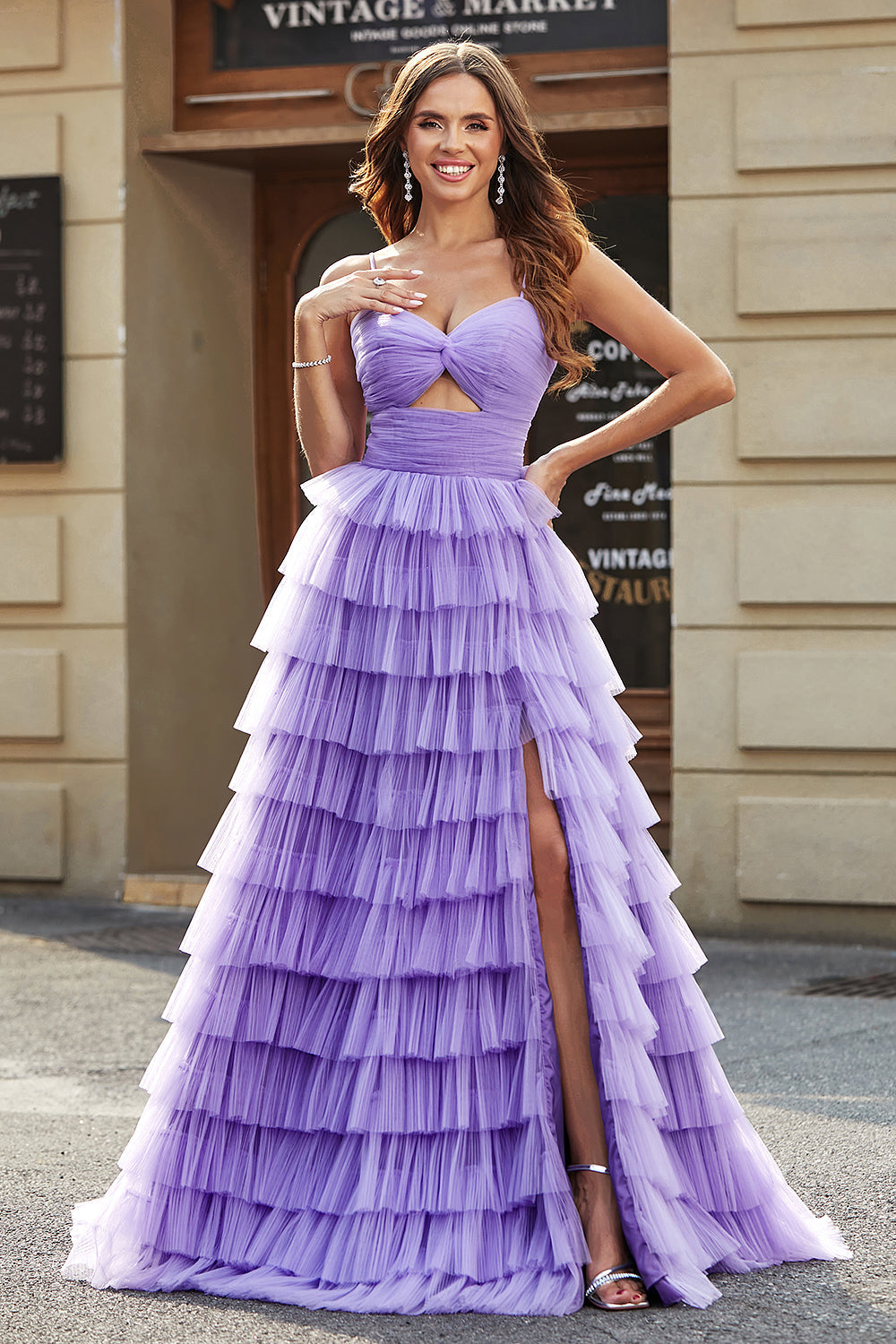 Leely Women Purple Long Tiered Prom Dress With Slit A Line Tulle Evening Dress leelyuk Leely Women Purple Long Tiered Prom Dress With Slit A Line Tulle Evening Dress leelyuk