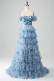 Lavender A Line Off the Shoulder Printed Long Prom Dress With Ruffles