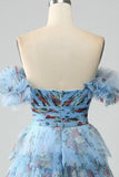 Lavender A Line Off the Shoulder Printed Long Prom Dress With Ruffles