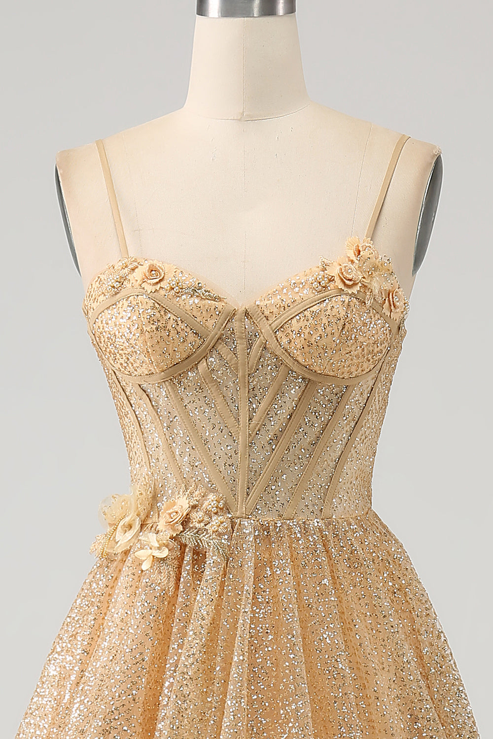 Leely Women Glitter Golden Corset Long Prom Dress with Flowers A-Line