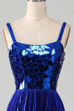 Sparkly Lace-Up Back Royal Blue Prom Dress with Slit