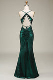 Sheath Spaghetti Straps Dark Green Maxi Prom Dress with High Slit