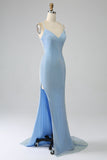 Mermaid Blue Long Prom Dress with Slit