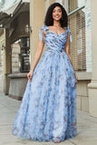 Blue A Line Printed Adjustable Straps Long Prom Dress