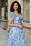 Blue A Line Printed Adjustable Straps Long Prom Dress