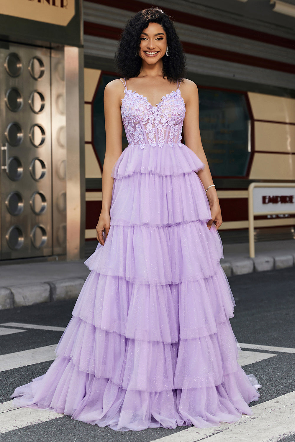 Leely Women Lilac Long Corset Prom Dress With Appliques Ruffles Princess A Line Spaghetti Straps Evening Dress leelyuk Leely Women Lilac Long Corset Prom Dress With Appliques Ruffles Princess A Line Spaghetti Straps Evening Dress leelyuk