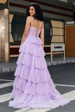 Lilac Princess A Line Spaghetti Straps Long Corset Prom Dress With Appliques Ruffles