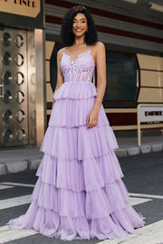 Lilac Princess A Line Spaghetti Straps Long Corset Prom Dress With Appliques Ruffles