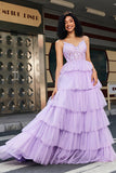 Lilac Princess A Line Spaghetti Straps Long Corset Prom Dress With Appliques Ruffles