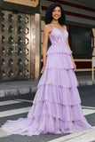 Lilac Princess A Line Spaghetti Straps Long Corset Prom Dress With Appliques Ruffles