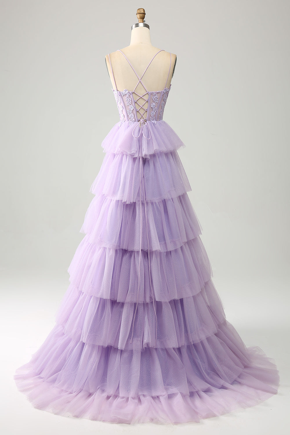 Leely Women Lilac Tulle Tiered Princess Corset Prom Dress with