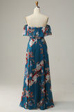 Dark Blue Floral Boho Chiffon A-Line Bridesmaid Dress with Slit
