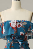 Dark Blue Floral Boho Chiffon A-Line Bridesmaid Dress with Slit