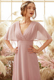 Blush Batwing Sleeves Chiffon Bridesmaid Dress
