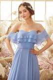 Off The Shoulder Blue Chiffon Bridesmaid Dress
