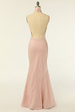 Mermaid Halter Blush Long Bridesmaid Dress with Backless
