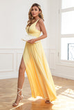 Classic A Line V Neck Yellow Long Prom Dress with Slit