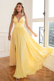 Classic A Line V Neck Yellow Long Prom Dress with Slit