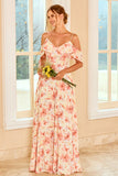 Blue Cold Shoulder Floral Print Maxi Bridesmaid Dress