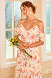 Blue Cold Shoulder Floral Print Maxi Bridesmaid Dress