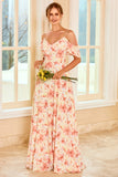 Blue Cold Shoulder Floral Print Maxi Bridesmaid Dress