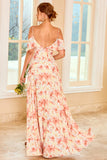 Blue Cold Shoulder Floral Print Maxi Bridesmaid Dress