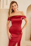 Sheath Off the Shoulder Burgundy Long Bridesmaid Dress with Split Front