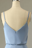 Spaghetti Straps Grey Blue Long Bridesmaid Dress