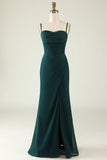 Sheath Spaghetti Straps Dark Green Long Wedding Guest Dress with Split Front
