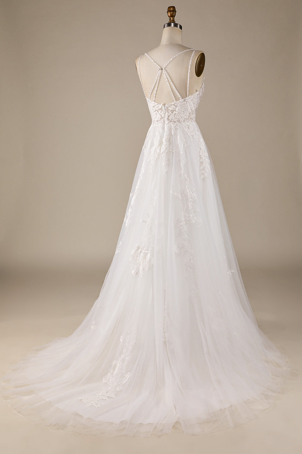Leely Women Ivory A-Line Tulle Wedding Dress with Lace Criss-Cross Straps Back Bridal Dress leelyuk Leely Women Ivory A-Line Tulle Wedding Dress with Lace Criss-Cross Straps Back Bridal Dress leelyuk